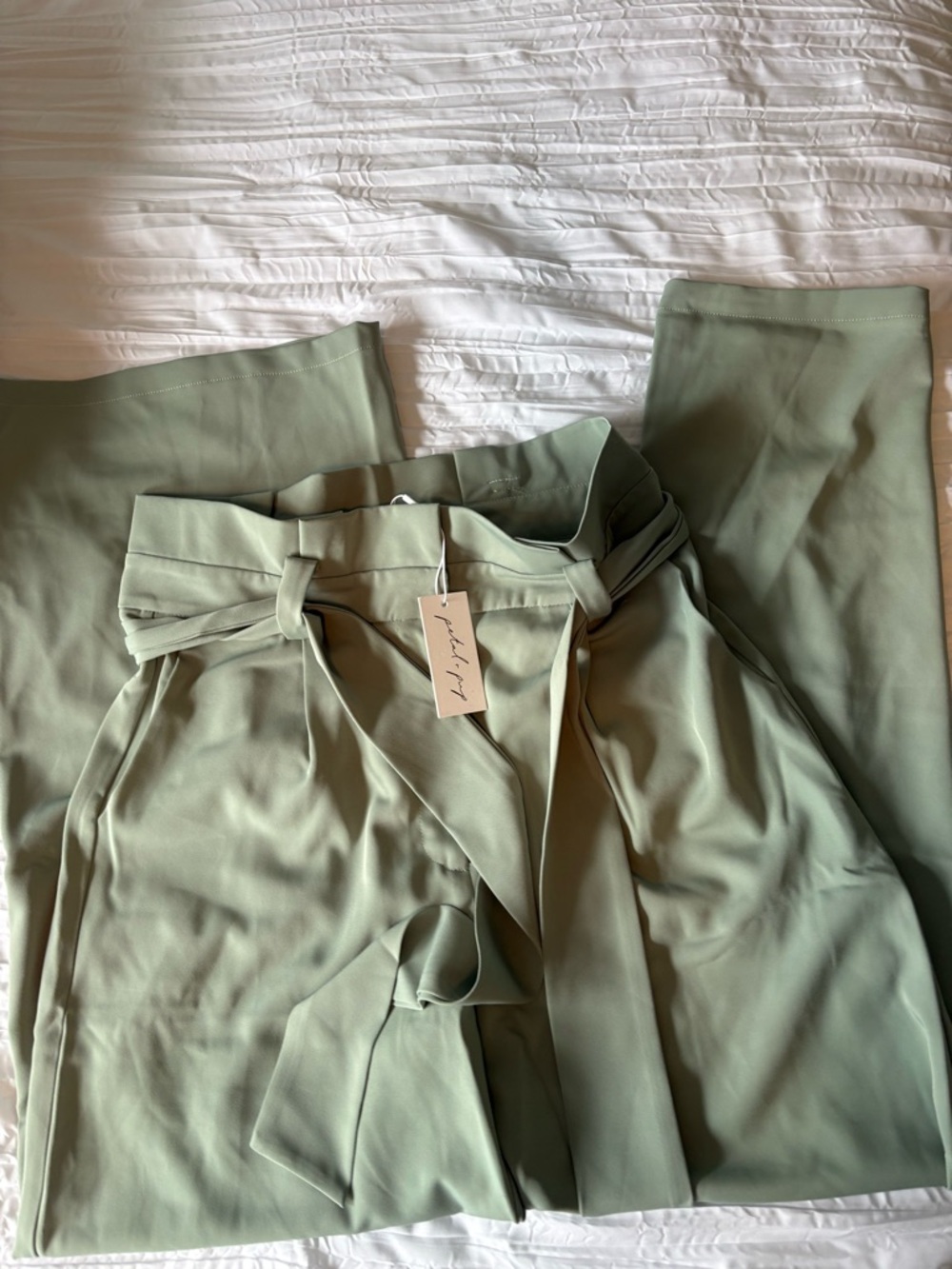 Petal & Pup Sage Green High-Rise Wide Leg Pants with Self-Tie - Picture 3 of 5